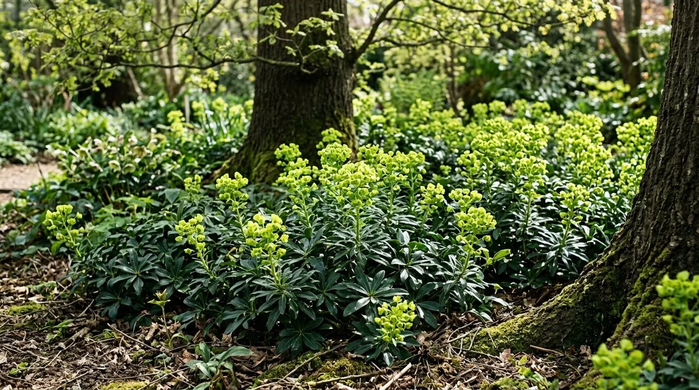 Euphorbia robbiae dark green rosettes with lime flowers in dry shade under trees in a suburban garden