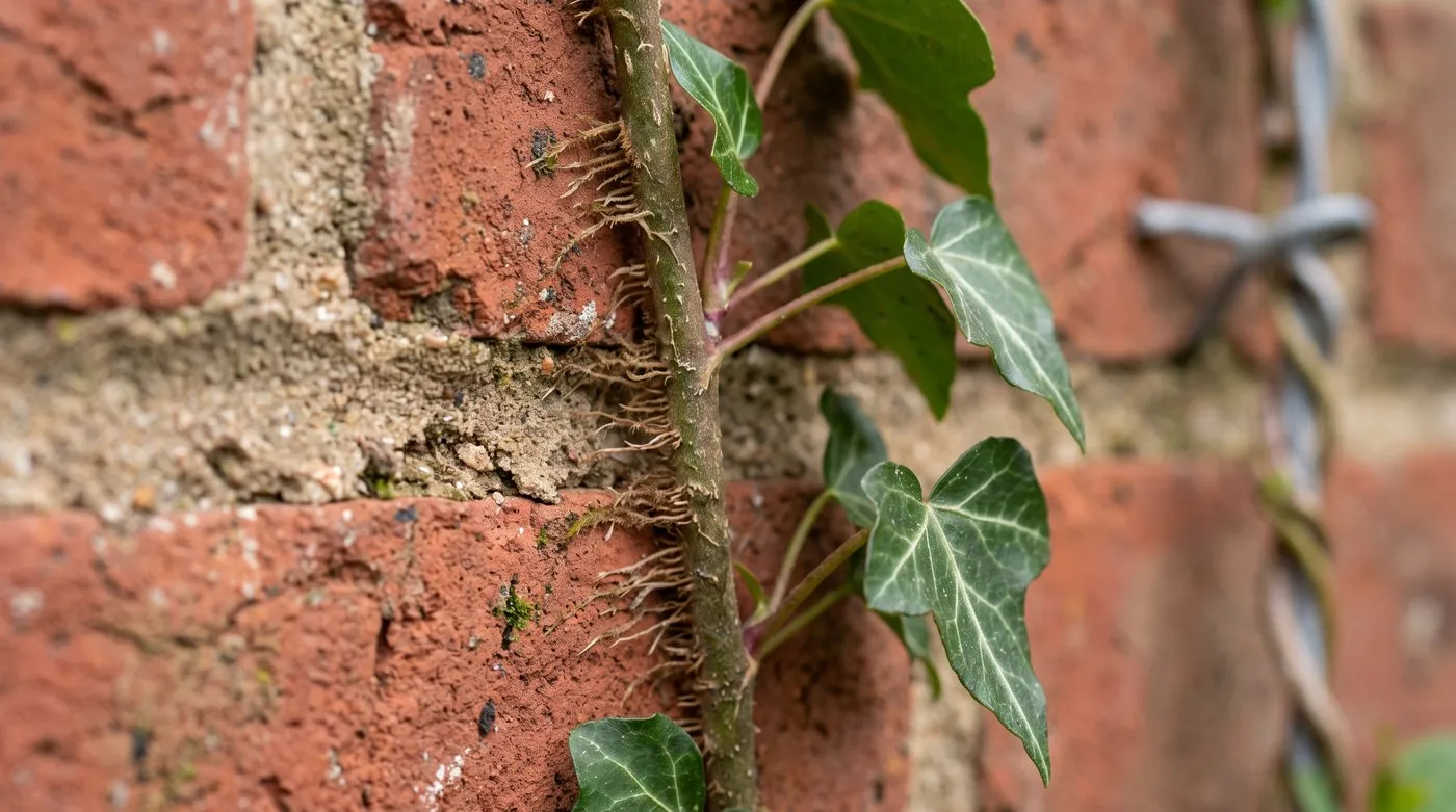 Ivy stem gripping a brick wall with tiny aerial roots, showing how self-clinging evergreen climbers attach