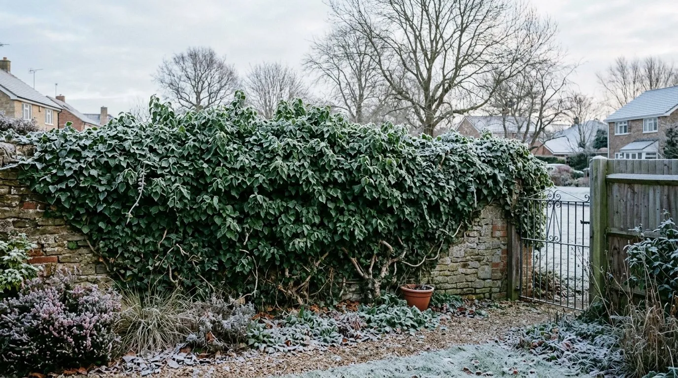 Ivy evergreen climber covering a north-facing garden wall providing year-round screening in winter