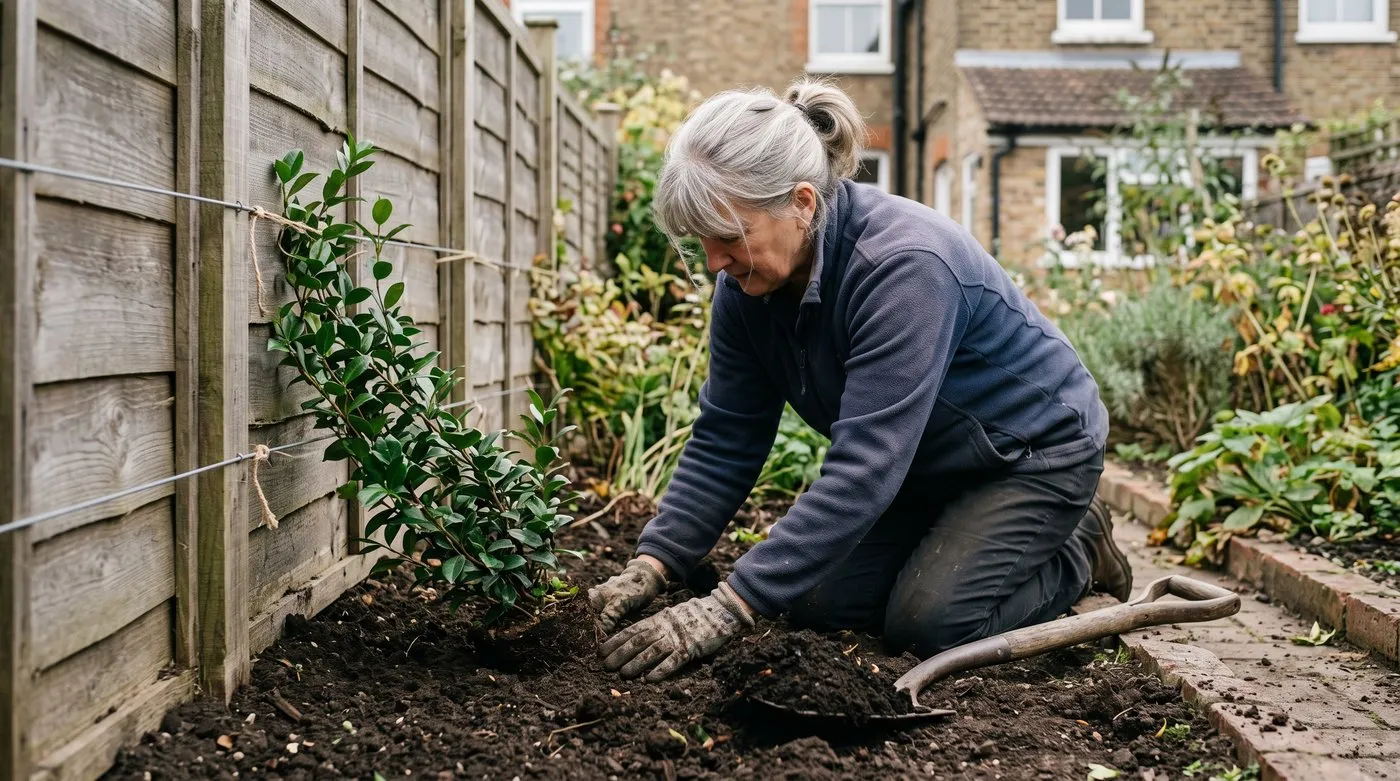 Woman planting a star jasmine evergreen climber 45cm out from a fence, leaning it towards the wires