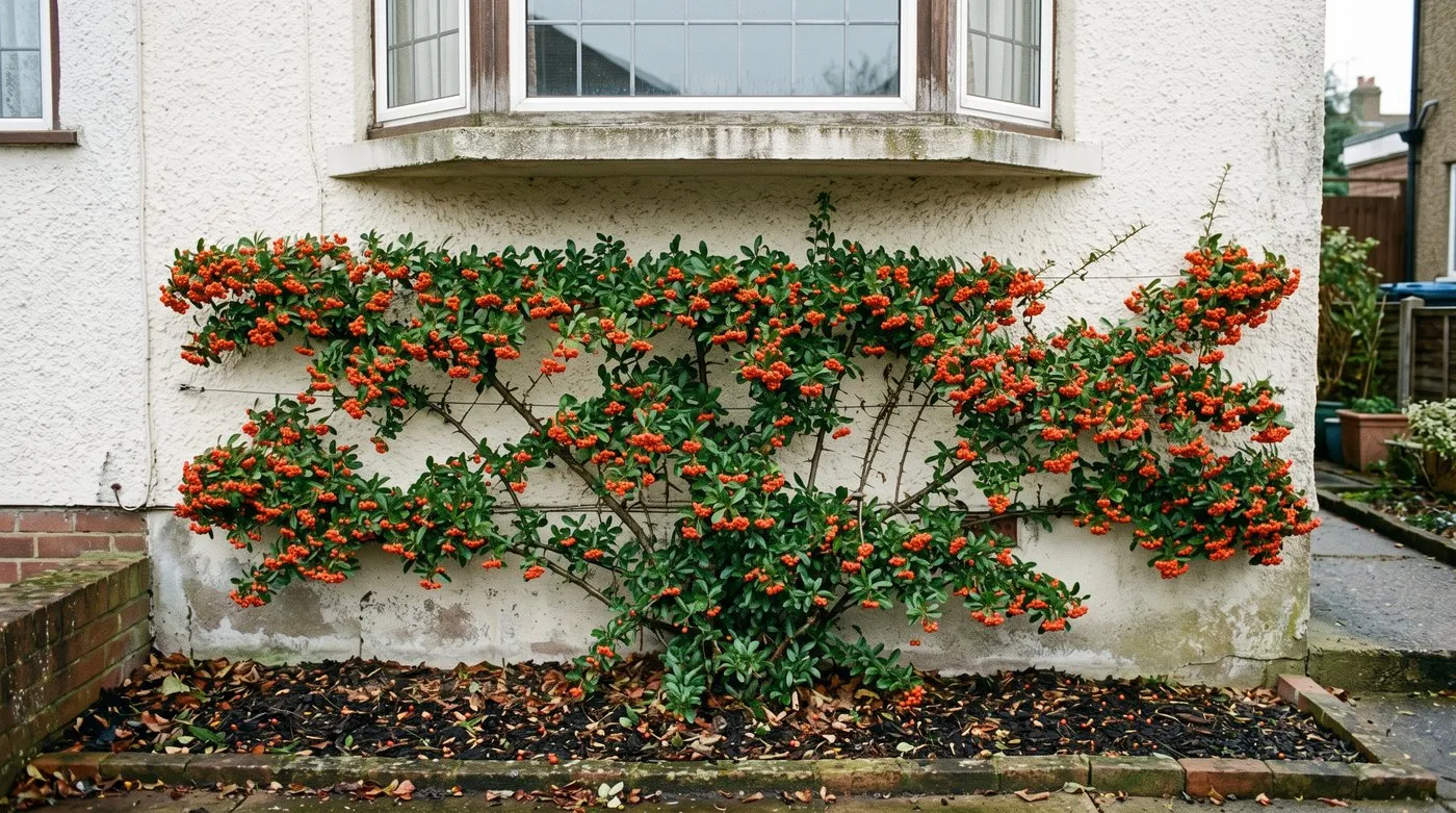 Wall-trained pyracantha covered in orange-red berries under the bay window of a semi-detached house