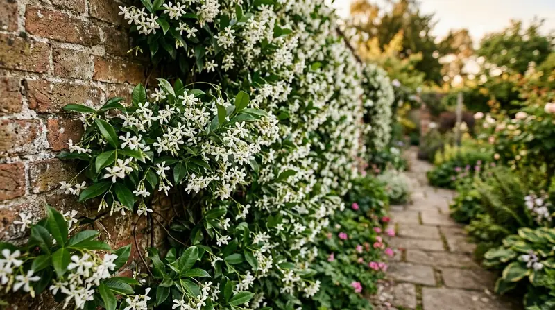 Evergreen climbers covering an old brick wall in a UK garden with glossy foliage and white flowers