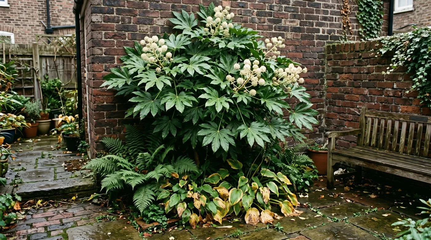 Fatsia japonica evergreen shrub with large hand-shaped leaves and white flower heads in a shady courtyard