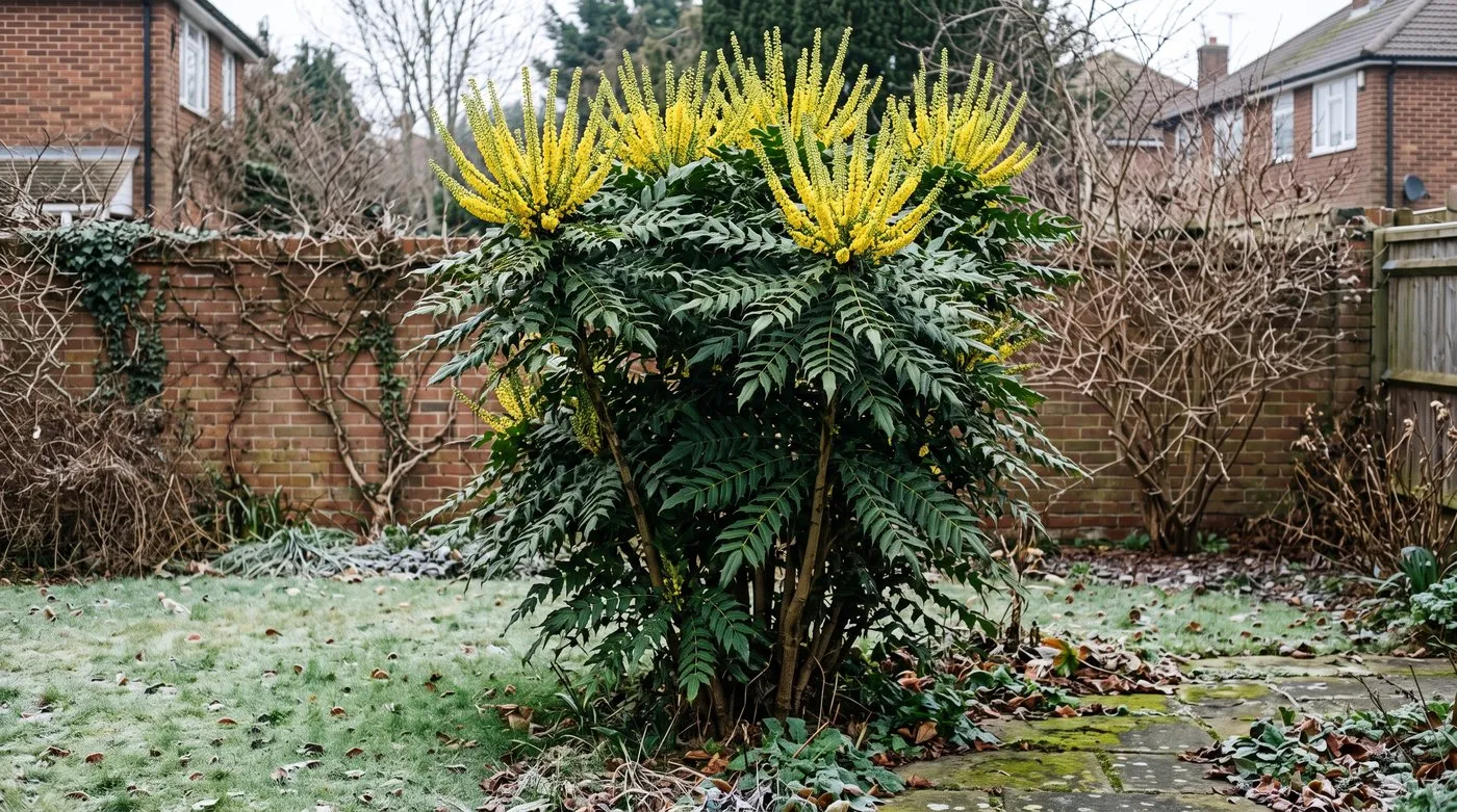 Evergreen shrub Mahonia Charity with upright yellow flower spikes above spiny leaves in winter