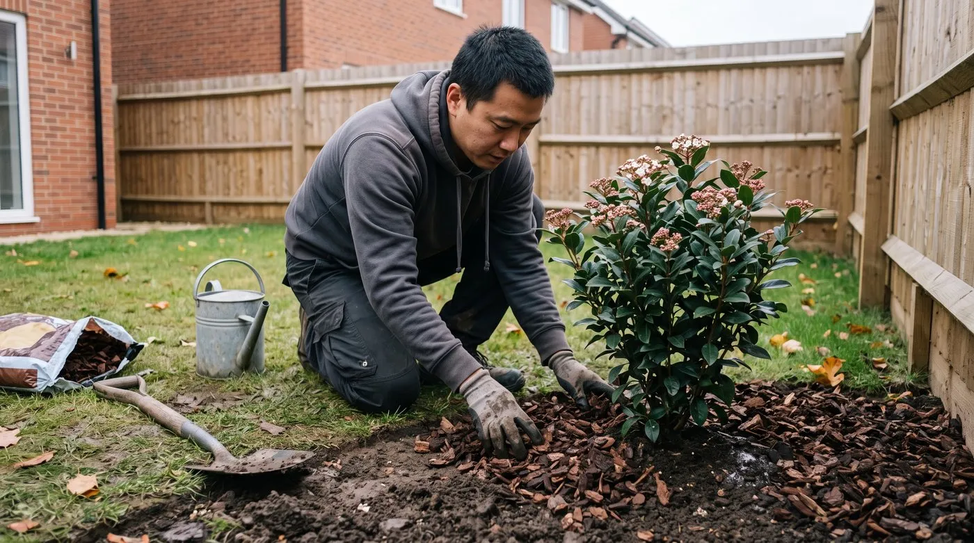 Man mulching around a newly planted Viburnum tinus evergreen shrub in an autumn border