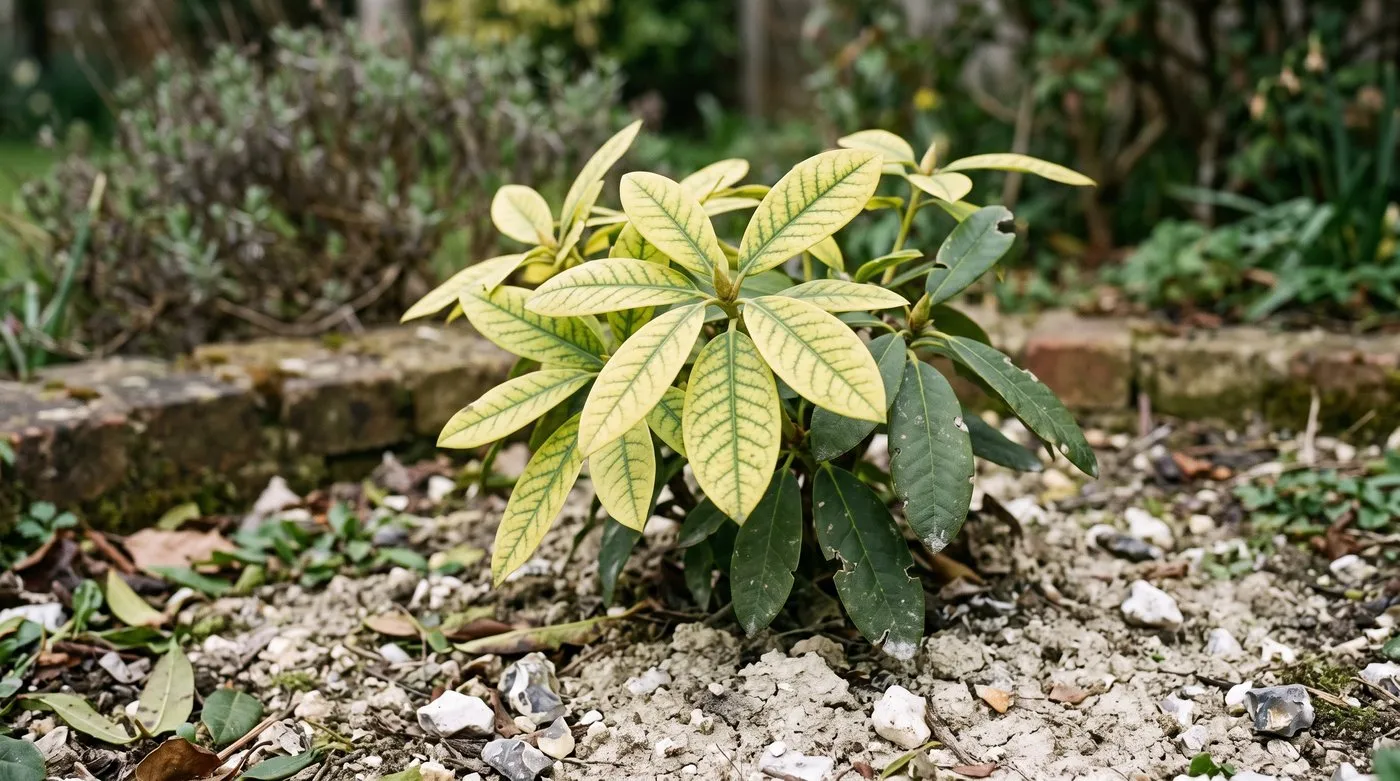 Rhododendron leaves turning yellow between green veins, a sign the soil is too limy for this evergreen shrub