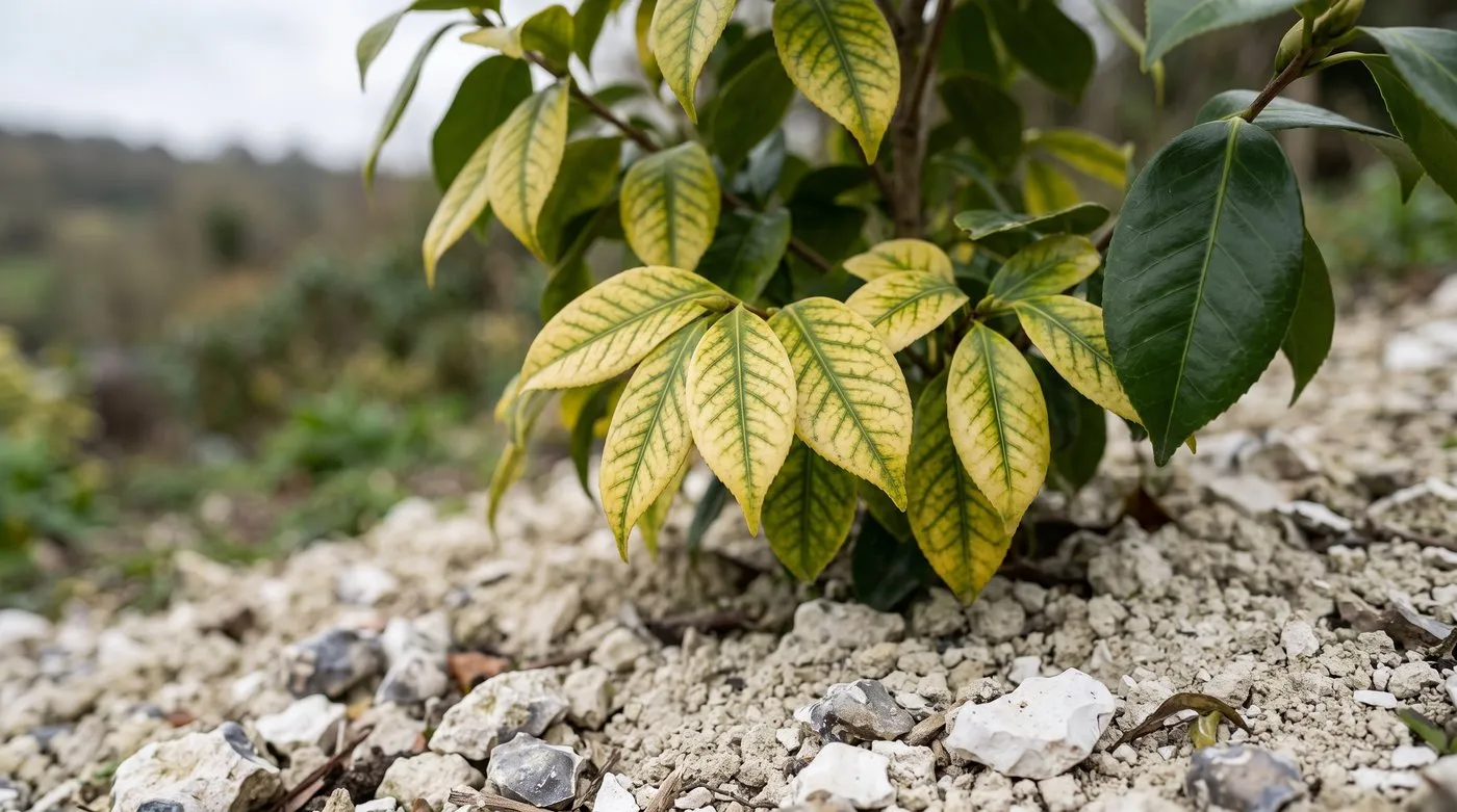 Camellia leaves yellowing between green veins on chalky soil, a sign of the wrong evergreen for the soil