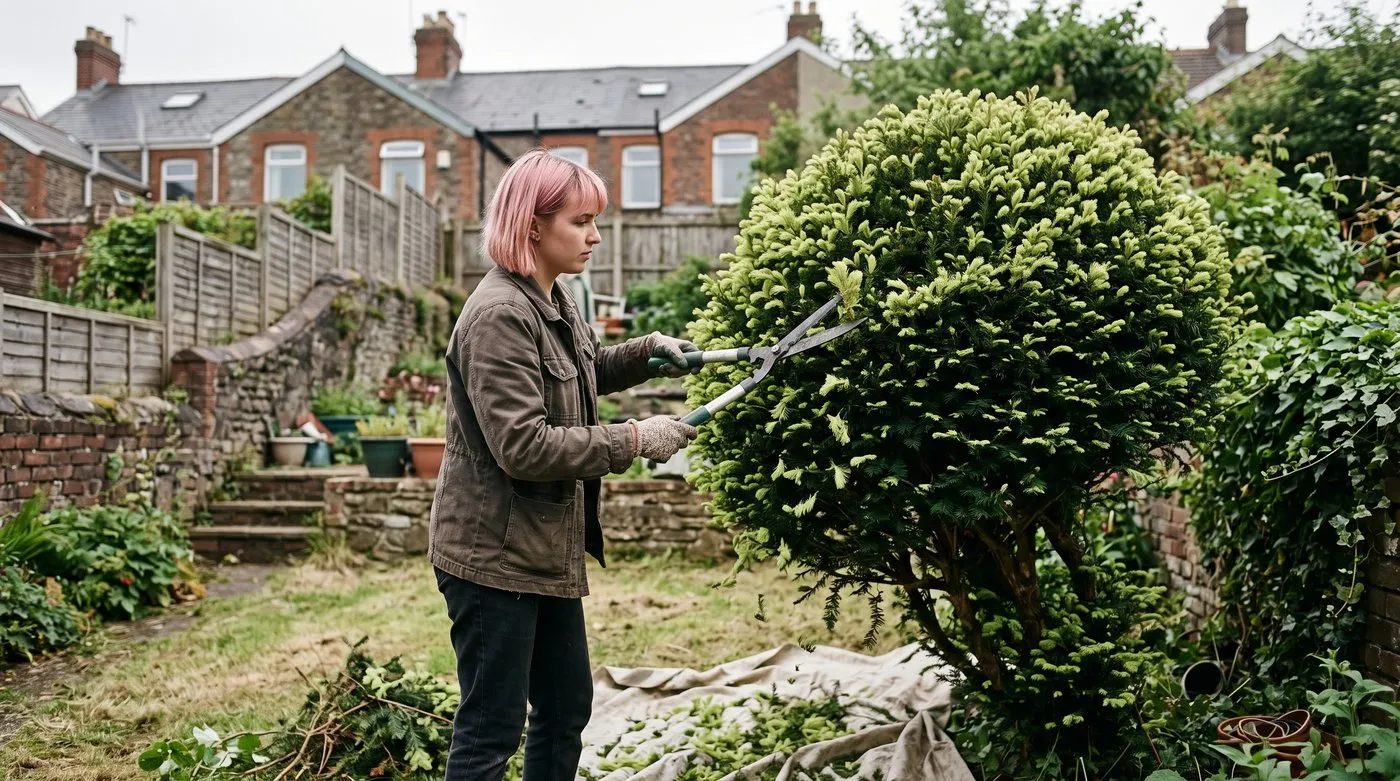 Woman clipping a yew into a rounded shape with hand shears in late spring, the best time to prune evergreen trees