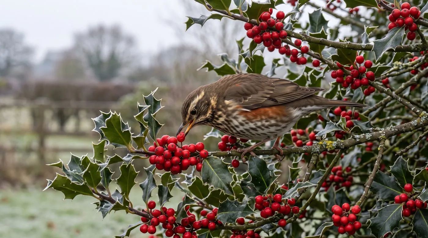 Redwing eating red holly berries in winter, showing why holly is one of the best evergreen trees for wildlife