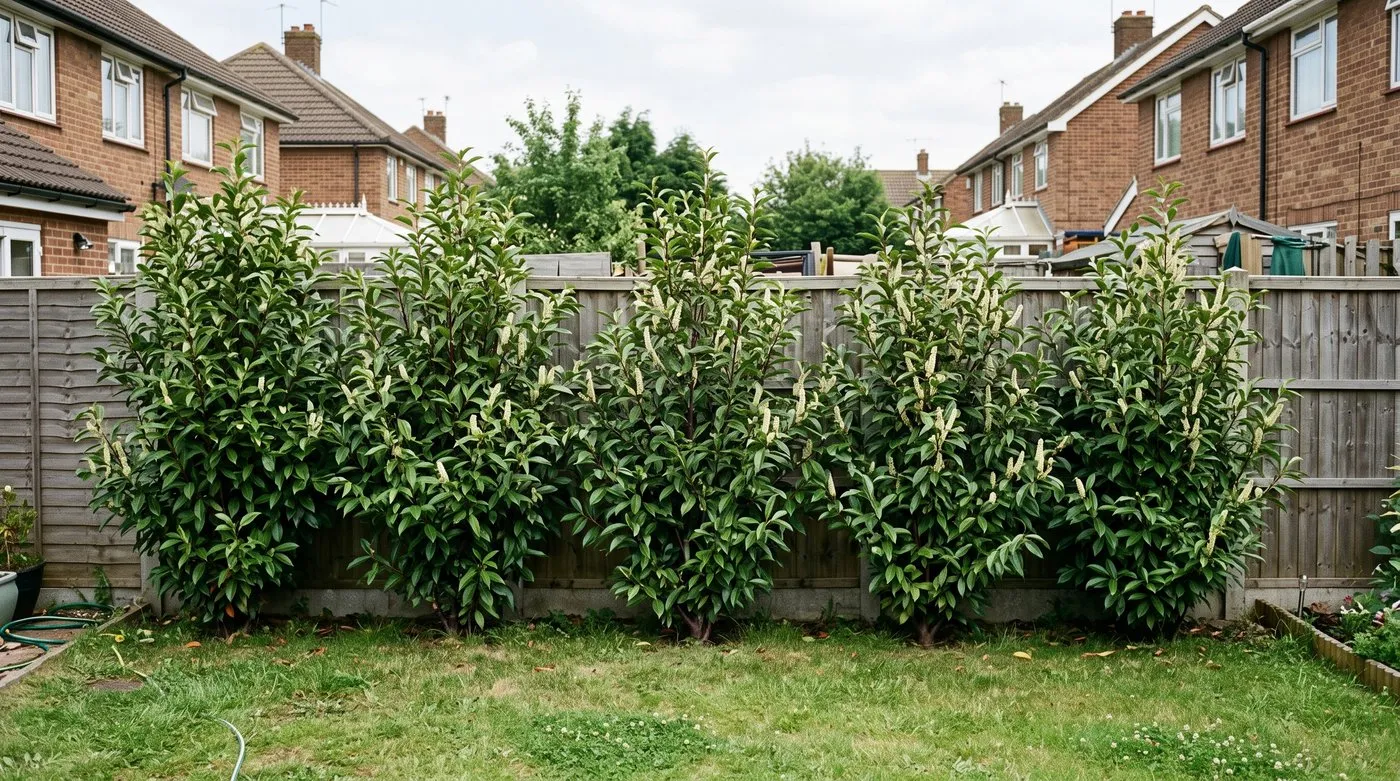Portugal laurel evergreen trees forming a privacy screen at the end of a suburban garden in June