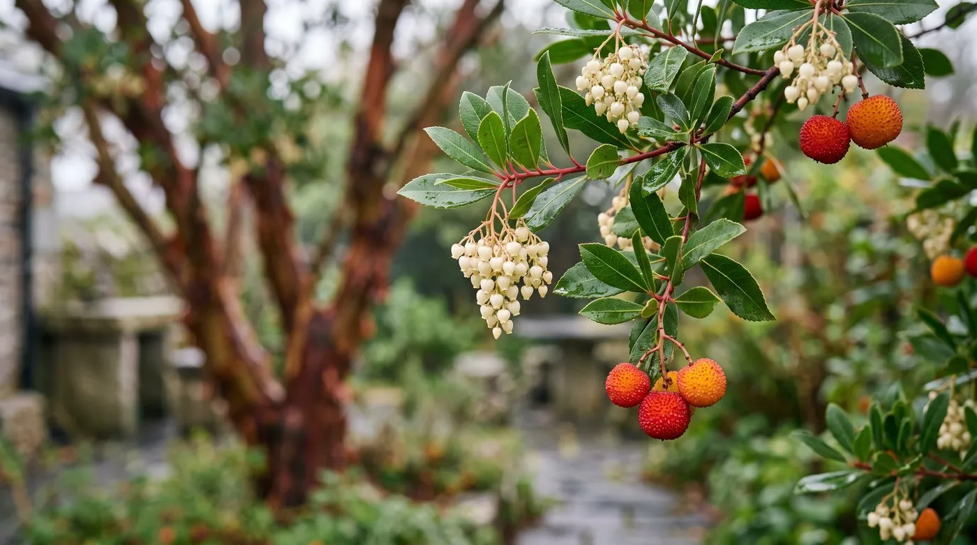 Strawberry tree branch with white bell flowers and red fruits together, an evergreen tree for small gardens