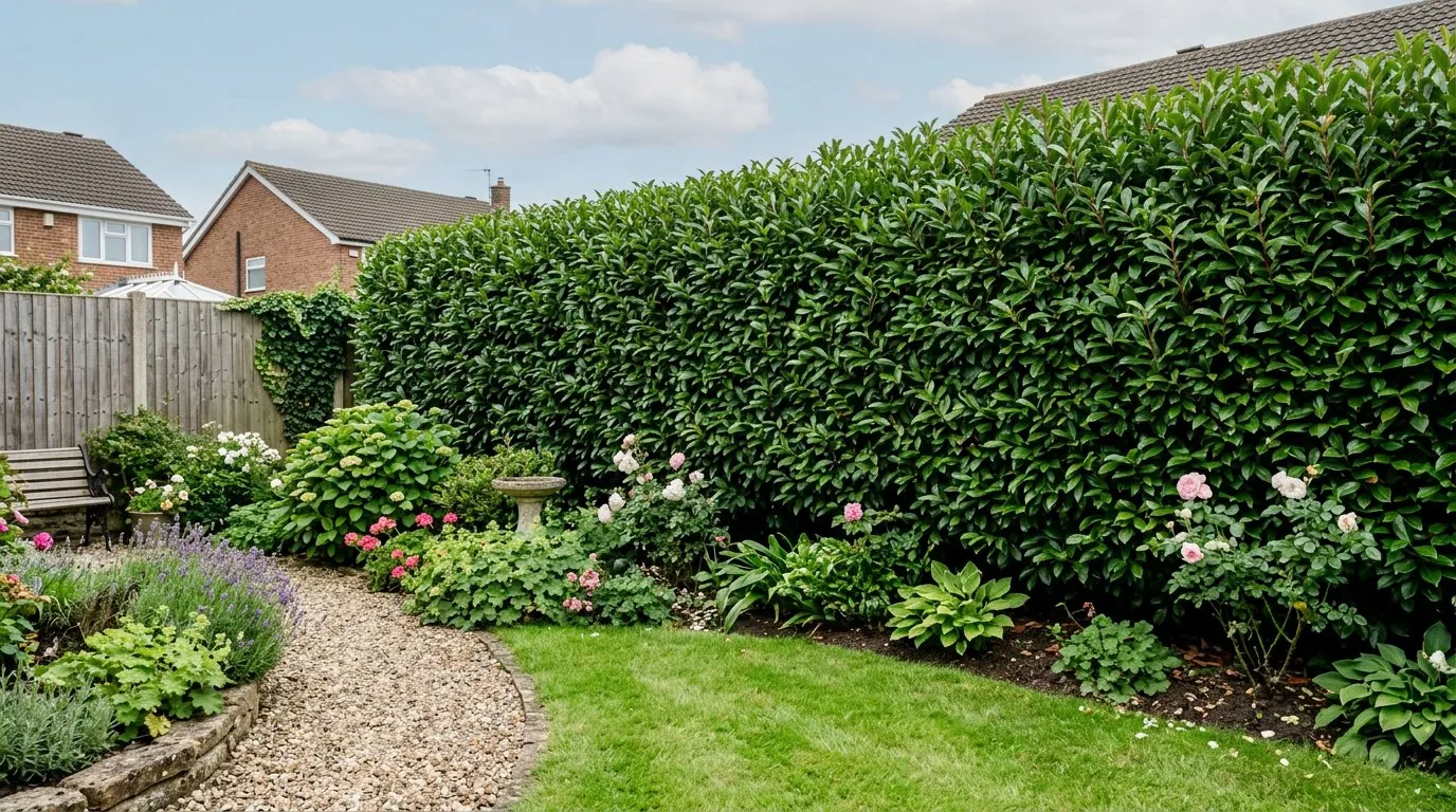 Best evergreen trees UK gardens showing a Portugal laurel screen in a medium suburban garden