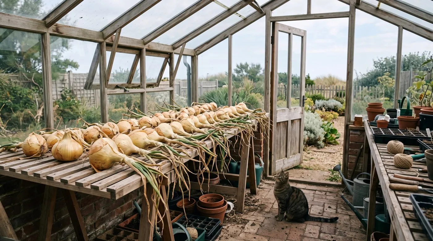 Exhibition onions drying on a slatted rack in an airy greenhouse while a tabby cat watches
