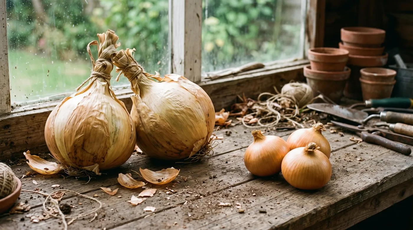 Two large Kelsae-type show onions beside three smaller round onions for the 250g class on a shed bench