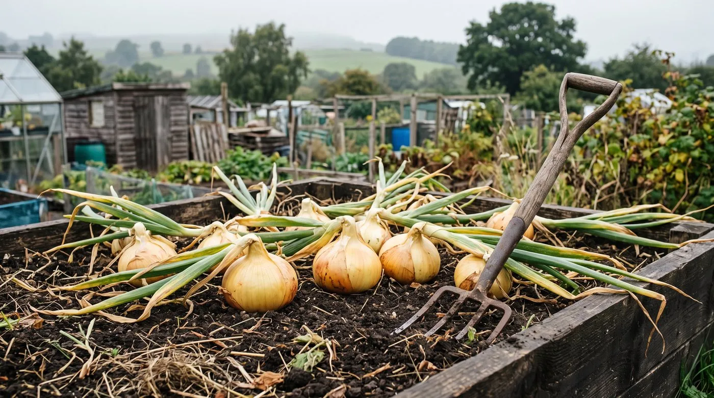 Large exhibition onions on the soil surface with yellowing leaves flopped over naturally in late summer