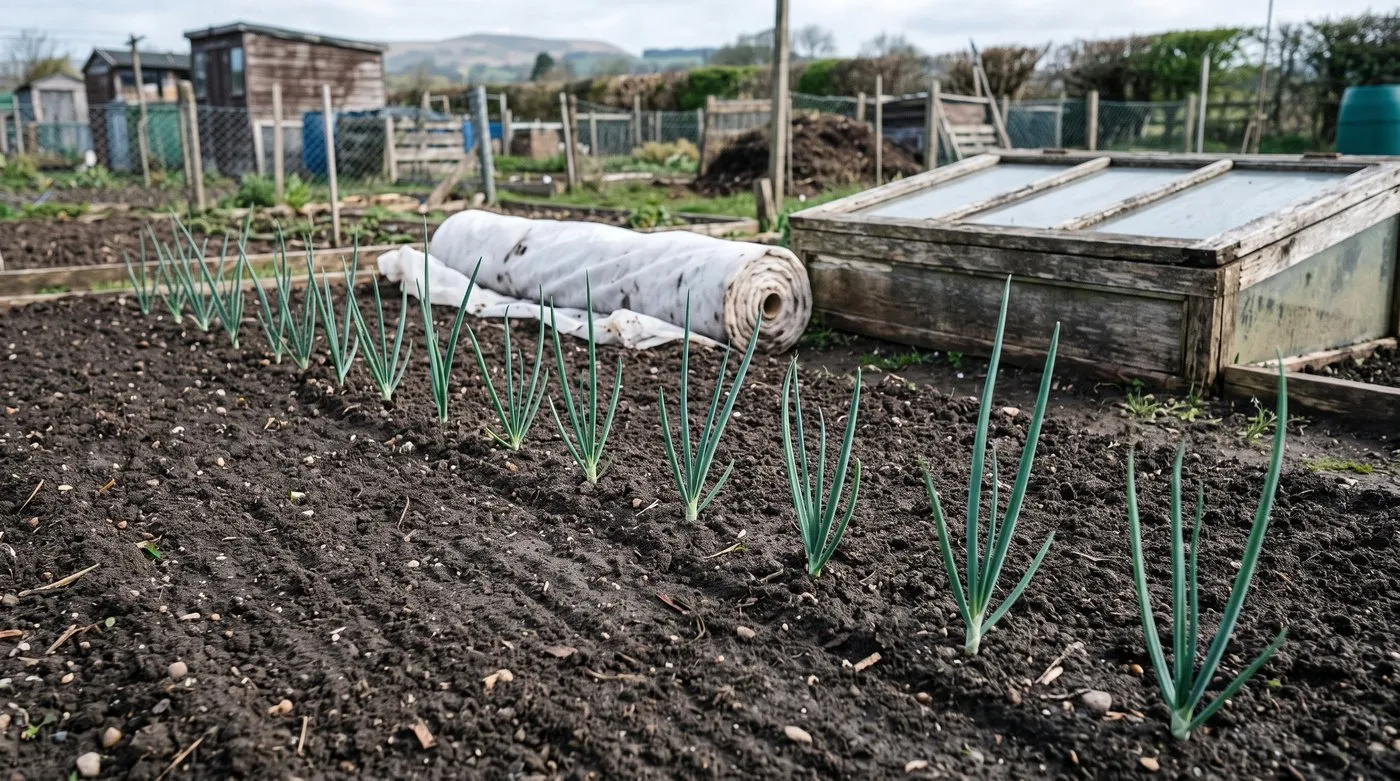 Young exhibition onion plants set about 30cm apart in firm raked soil with their bases at the surface