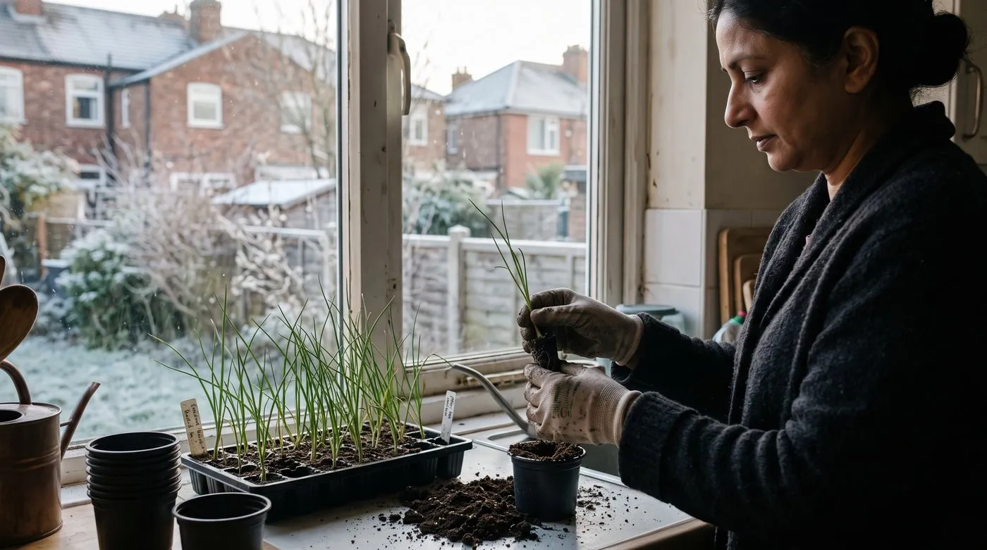 Gardener potting on an onion seedling from a module tray into a 9cm pot on a bright windowsill in winter