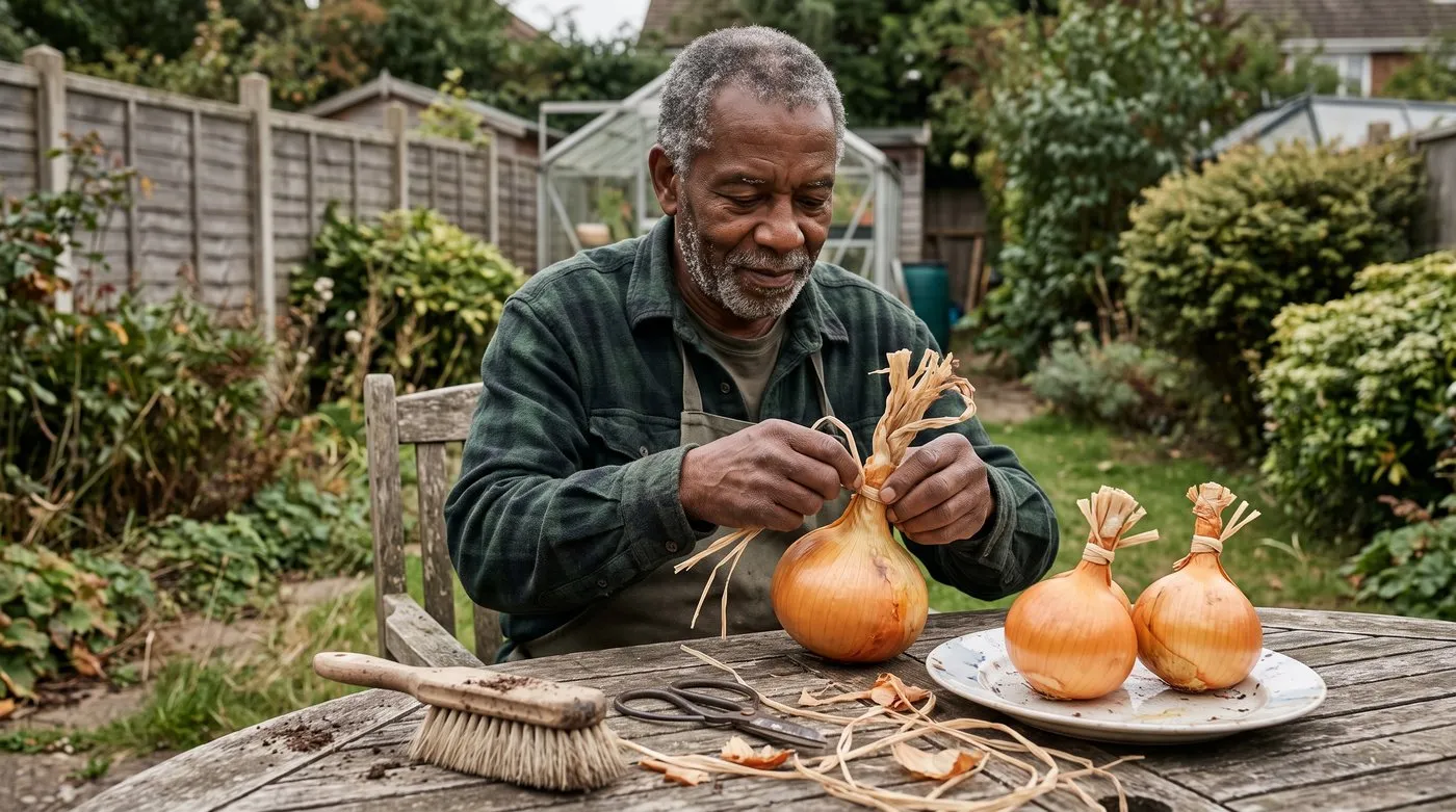 Gardener tying the neck of a show onion with raffia beside two dressed onions on a white plate