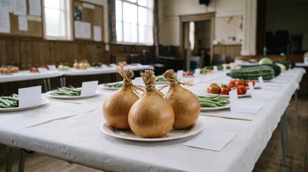 Matched set of three golden exhibition onions with raffia-tied necks on a white plate at a village show