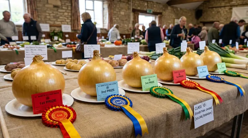 UK village show table with a row of perfect matched exhibition onions - Kelsae and Robinson's Mammoth varieties - polished