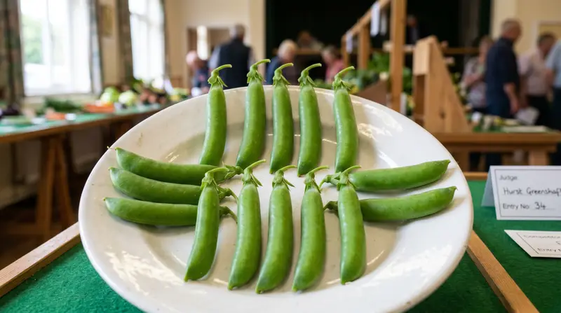 A dish of nine matching Hurst Greenshaft exhibition pea pods presented for a UK village show competition