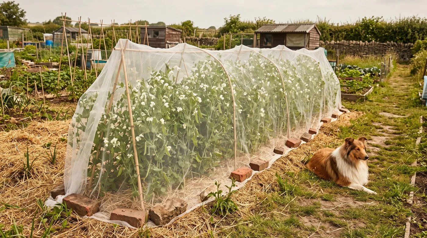 Row of flowering pea plants under fine insect mesh on an allotment with a collie lying on the path