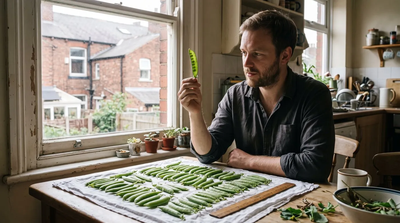 Gardener holding a pea pod up to the window light beside rows of picked pods sorted by length on a cloth