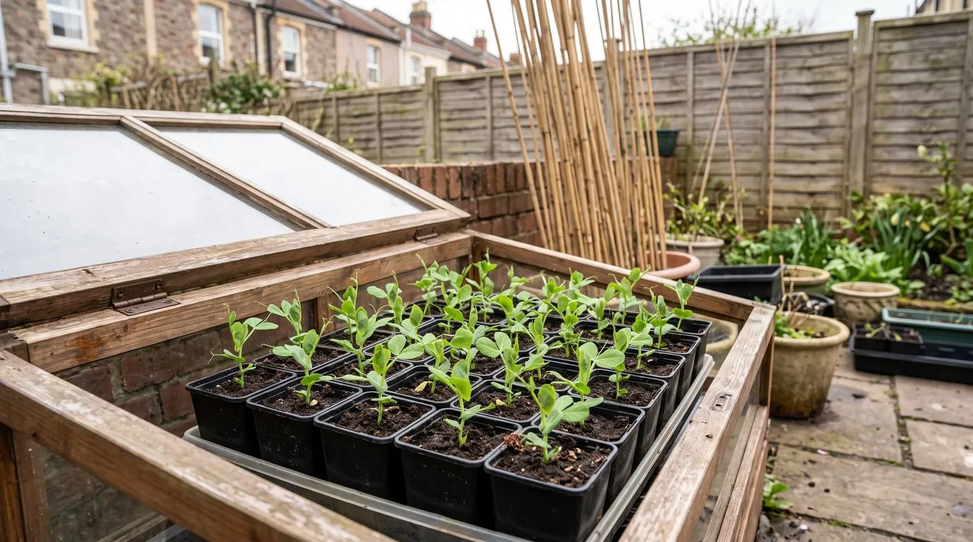 Young pea seedlings in 9cm pots in an open cold frame, ready to harden off and plant out