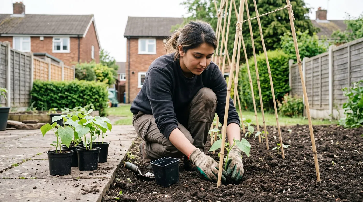 Gardener planting a young runner bean plant from a pot at the foot of a tall bamboo cane in early June