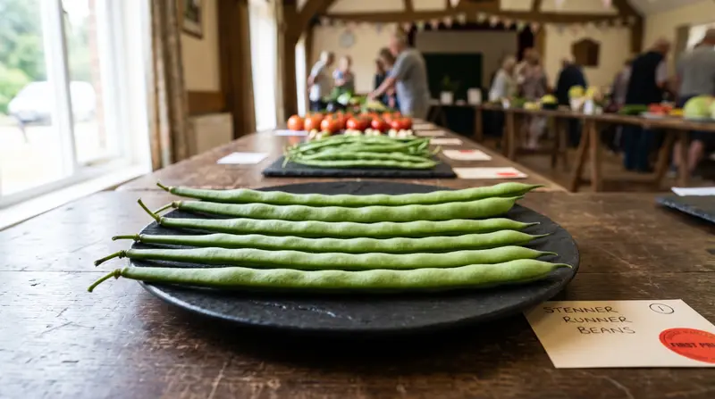 A dish of six perfectly matched Stenner runner bean pods, each over 12 inches long
