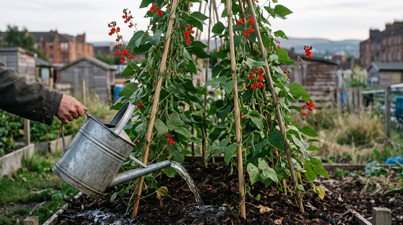 Watering the base of flowering runner bean plants on canes with a thick compost mulch around the roots