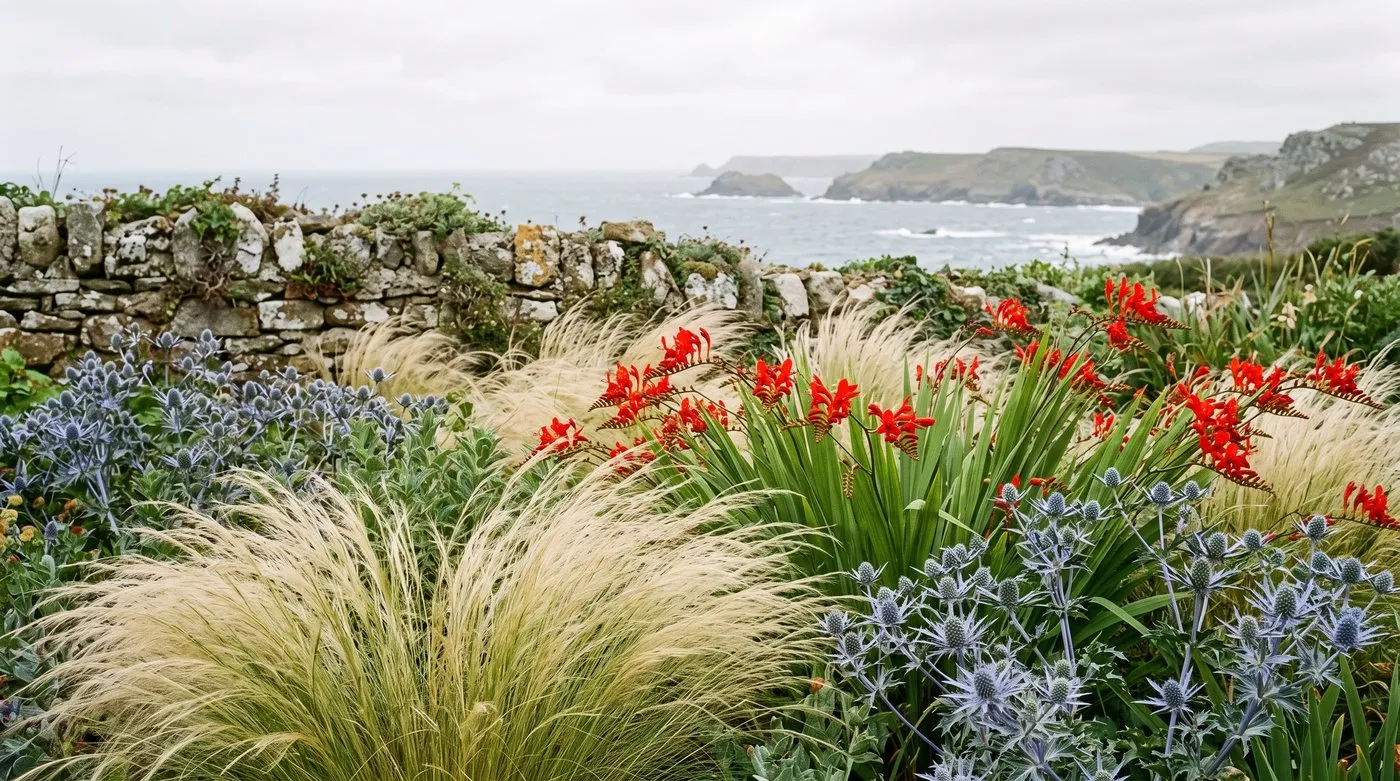 Exposed seaside border of Stipa grass, red crocosmia Lucifer and blue sea holly bending in the wind
