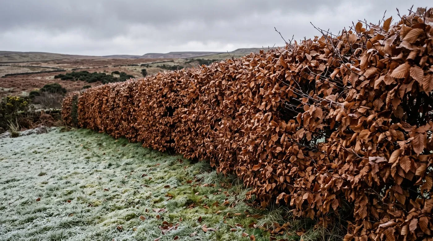 Hornbeam windbreak hedge holding dry brown leaves through winter in an exposed hillside garden