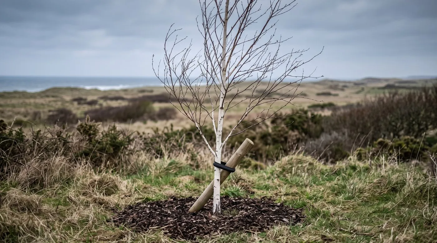 Young birch tree held by a short angled stake and rubber tie in a windy, exposed garden