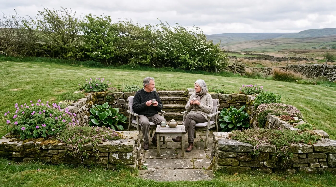 Older couple having tea on a sunken patio sheltered by low stone walls in an exposed hillside garden