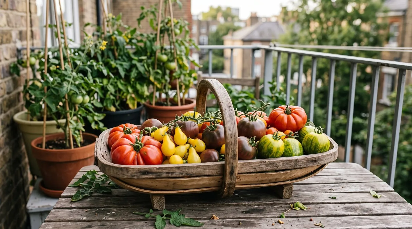Trug of mixed heirloom tomatoes in red, yellow, purple and striped colours on a balcony table