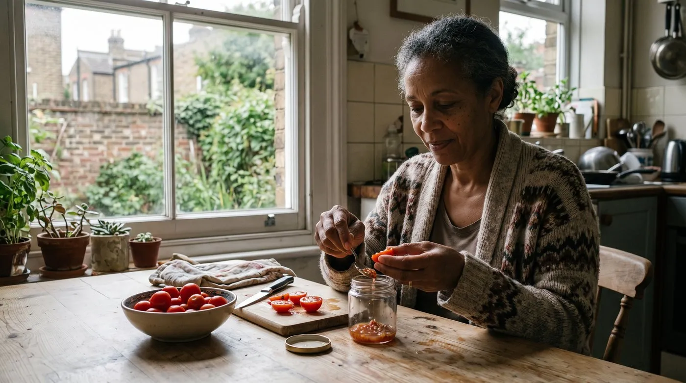 Gardener squeezing seeds from a halved cherry tomato into a small glass jar to save seed