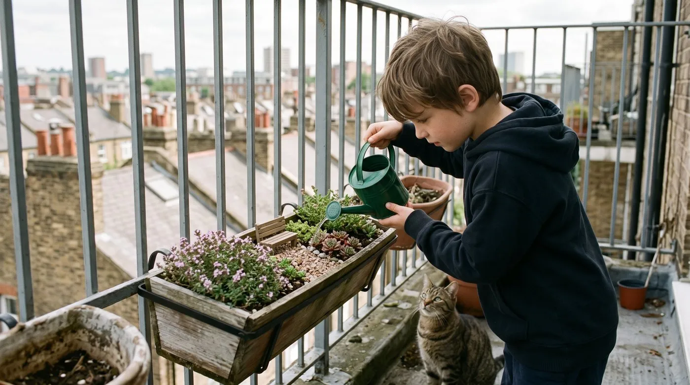 Boy watering a window box fairy garden of thyme and sedum on a city balcony, with a tabby cat watching