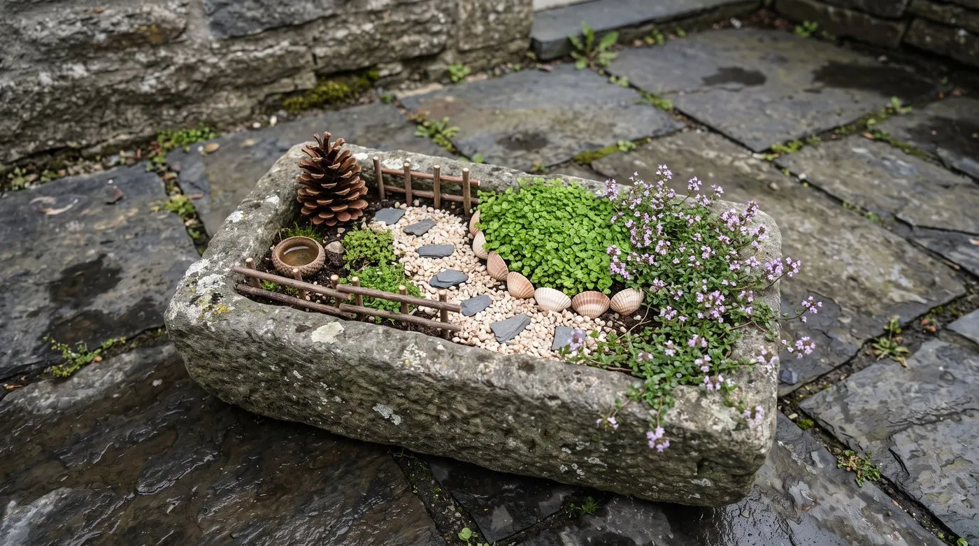 Stone trough fairy garden with a gravel path, slate stepping stones, twig fences, a pine cone tree and shells