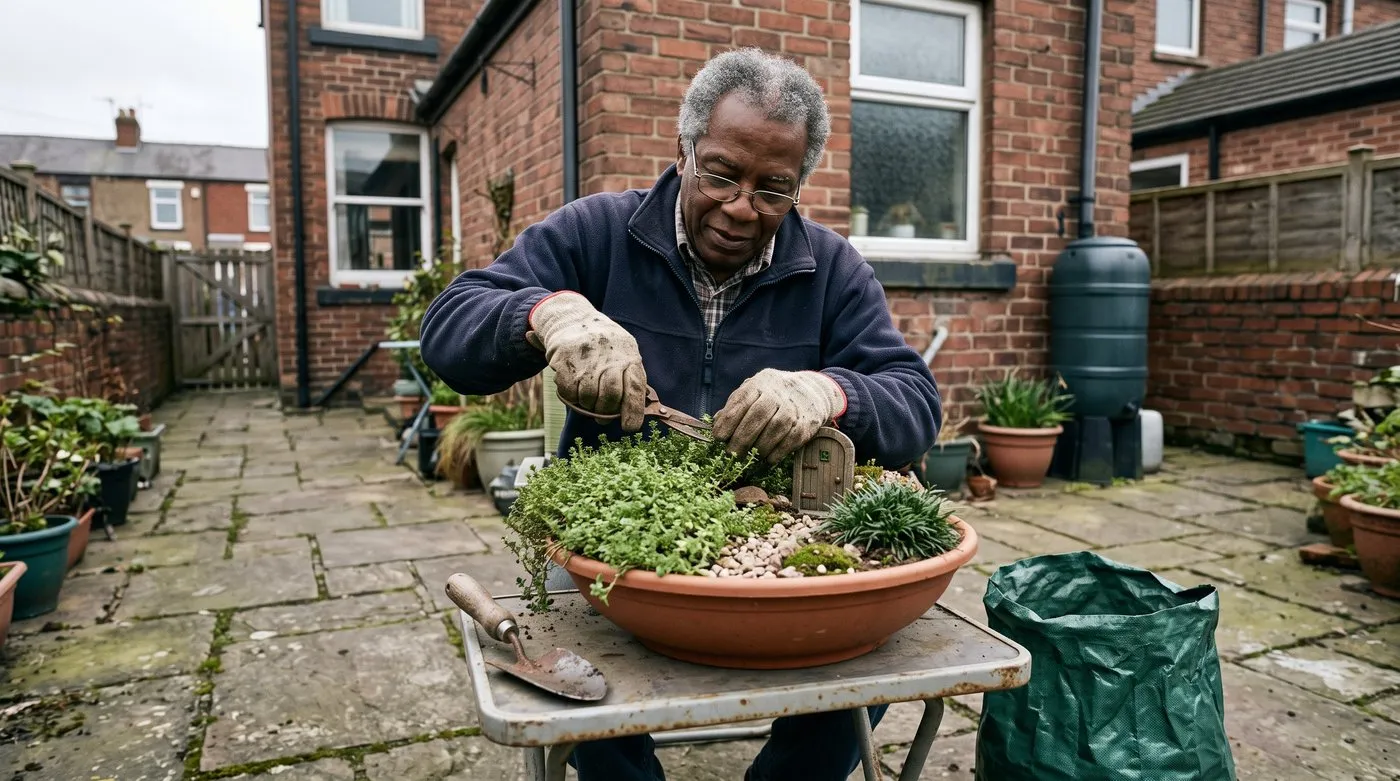 Older man in gloves trimming creeping thyme in a terracotta bowl fairy garden on a paved back yard in spring