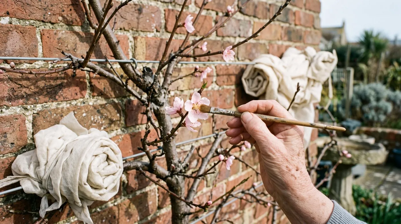 A soft paintbrush dabbing pink peach blossom on a fan-trained tree against a sunny wall