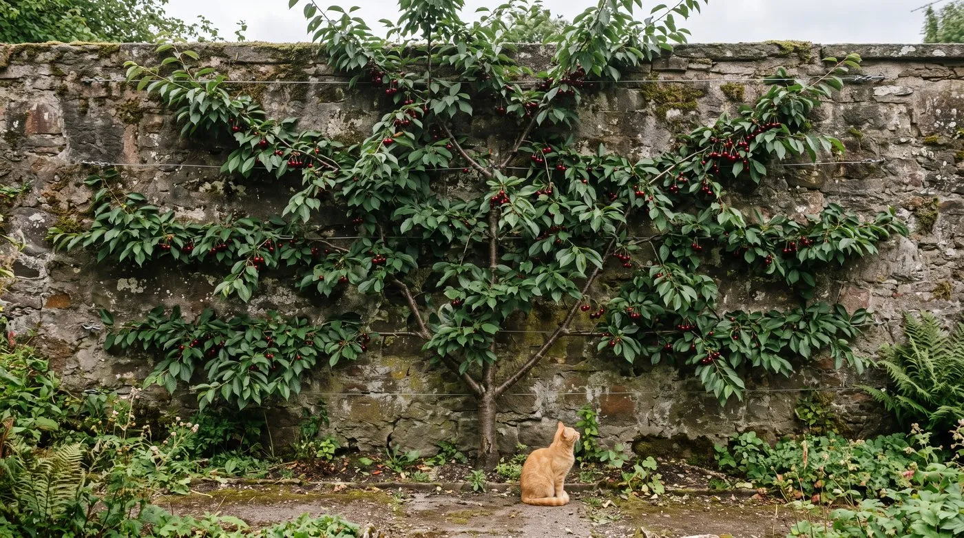 Fan-trained Morello cherry with dark red fruit on a shady stone wall, a cat on the path below