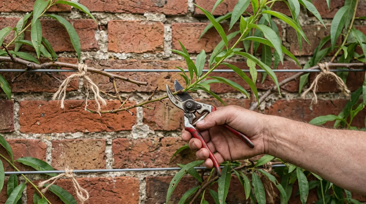 Secateurs cutting a fruited peach shoot back to the young replacement shoot at its base
