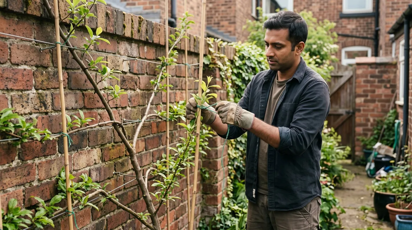 Gardener tying a young plum shoot to a cane with soft twine to fill a gap in a wall fan