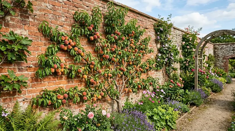 Fan-trained peach tree with ripe fruit against a south-facing brick wall in a UK garden