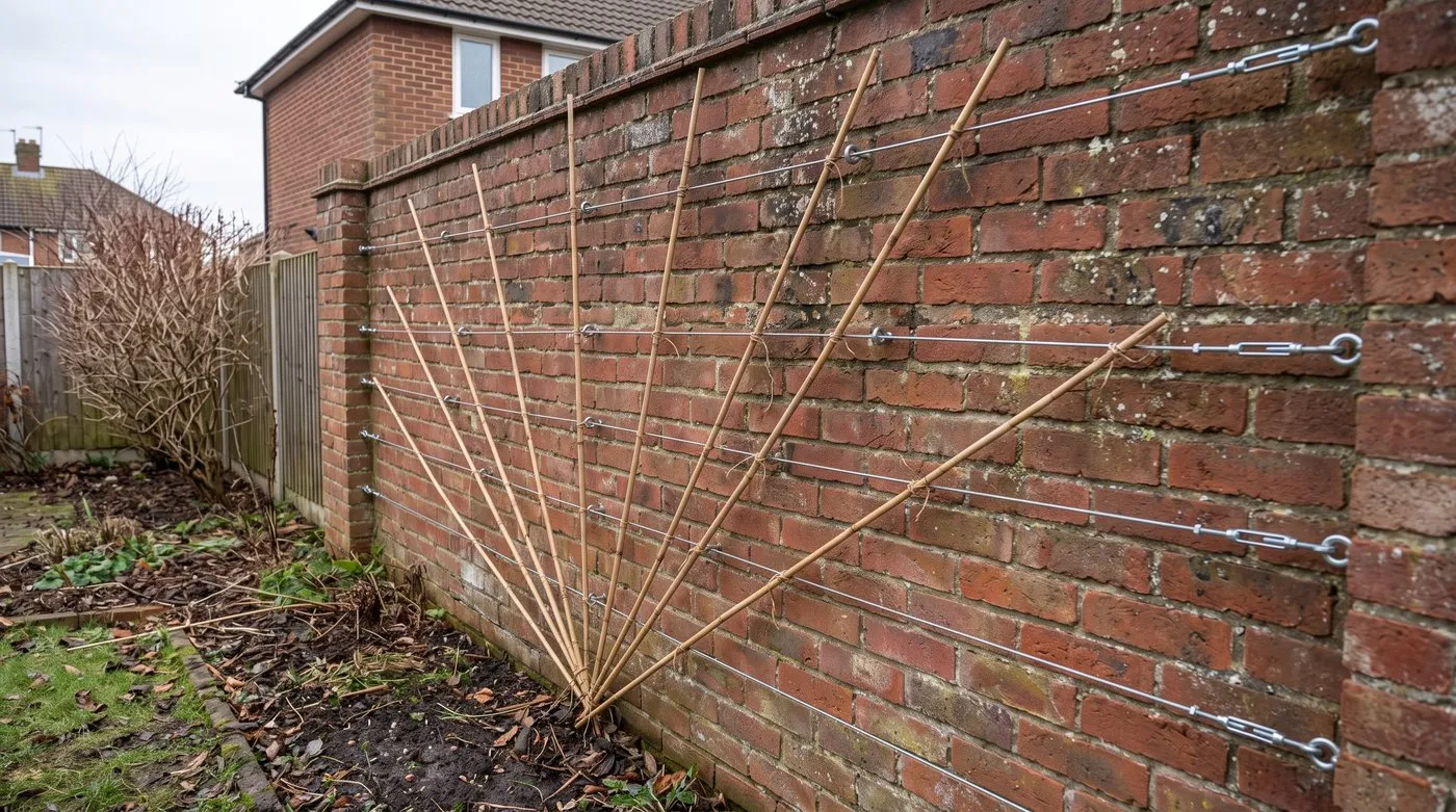 Horizontal wires on vine eyes along a brick wall with bamboo canes tied in a fan shape