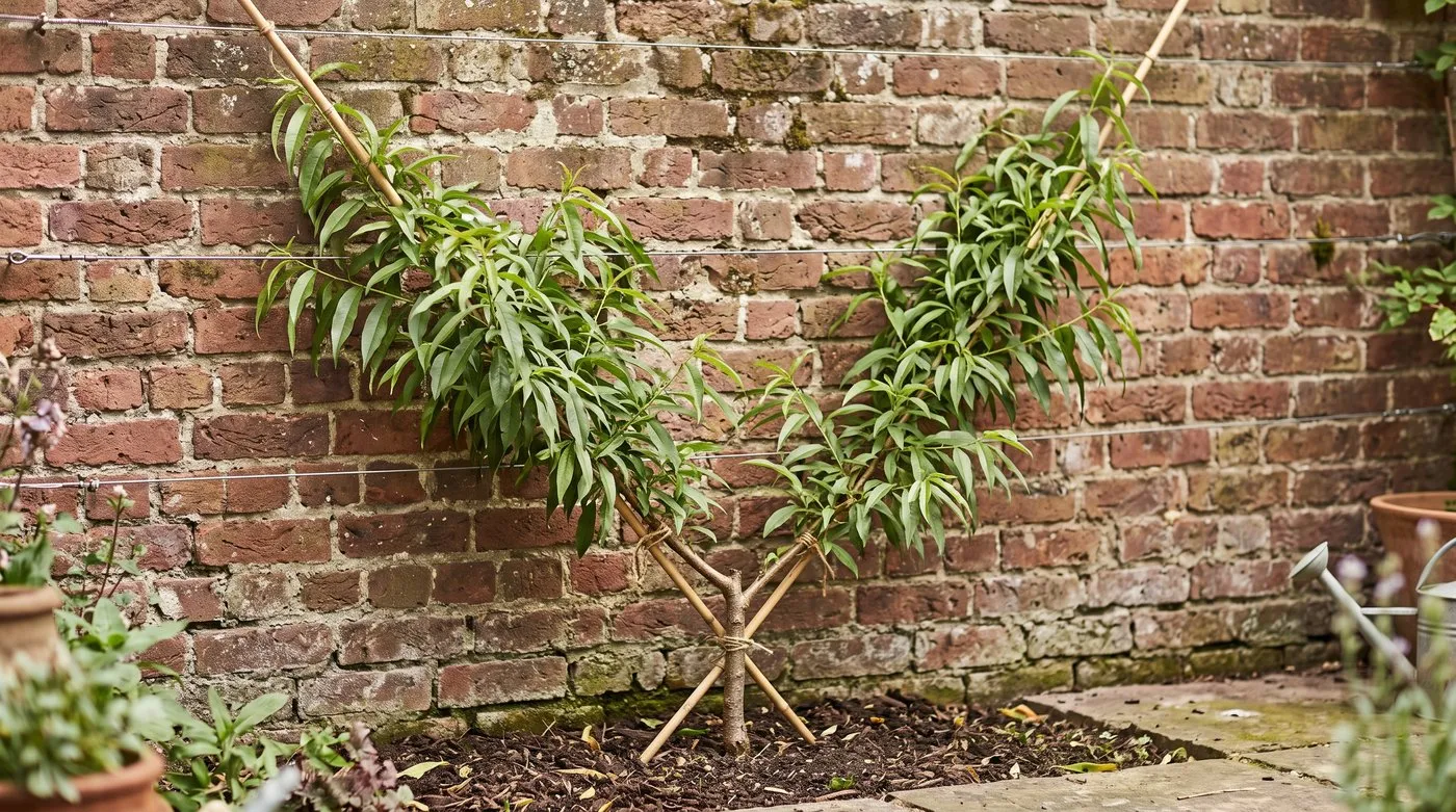 A young peach tree with two arms trained on canes into a V shape against a brick wall