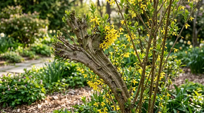 A flattened ribbon-like fasciated stem on a forsythia shrub in a UK garden