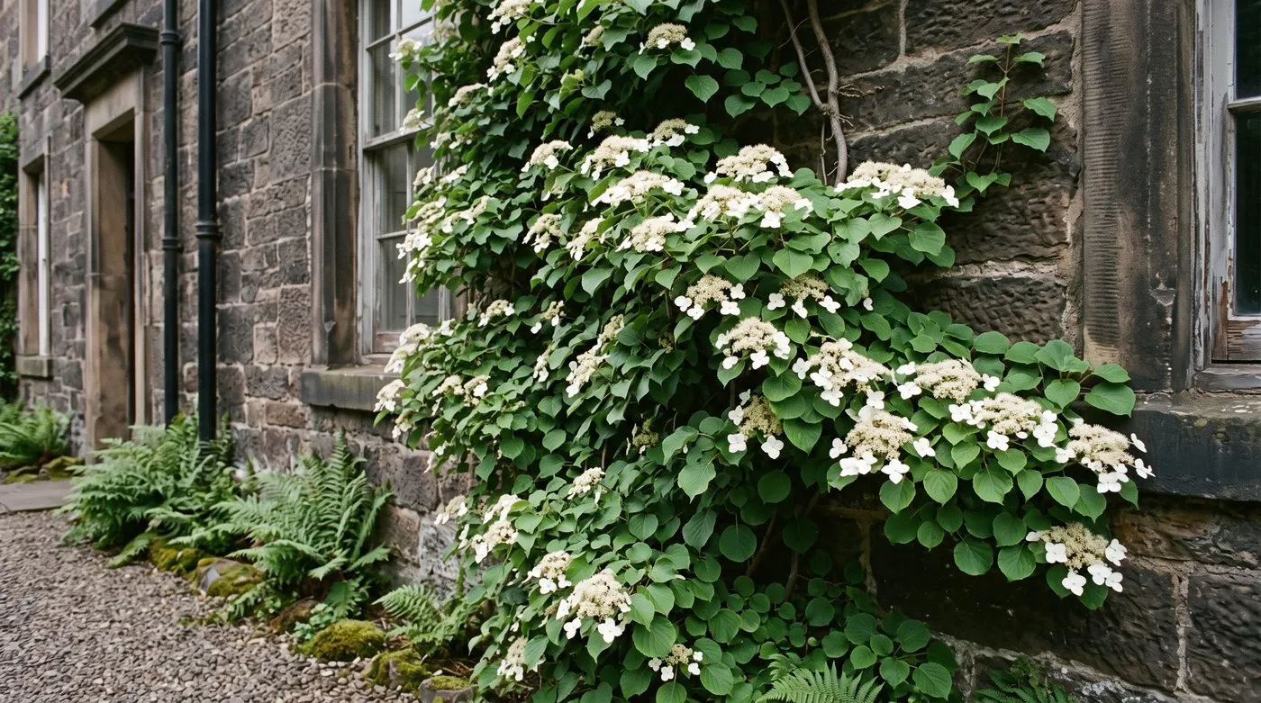 Climbing hydrangea with white lacecap flowers clinging to a shady north-facing stone wall