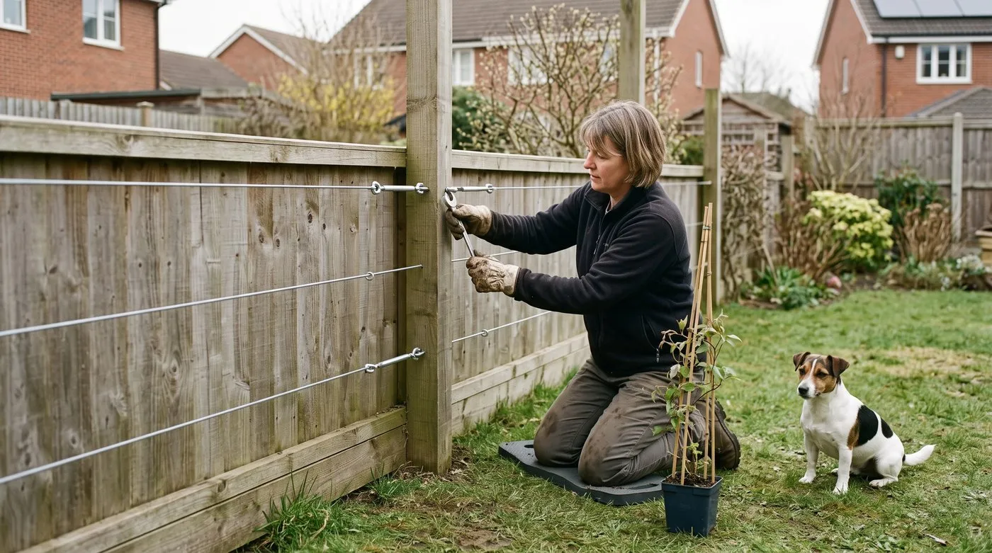 Woman tightening galvanised wires on vine eyes along a fence to support fast-growing climbers